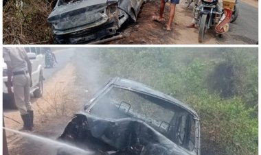 डुमरांव में बड़ा हादसा टला: बिजली पोल से टकराने के बाद कार में लगी आग, सभी सवार सुरक्षित