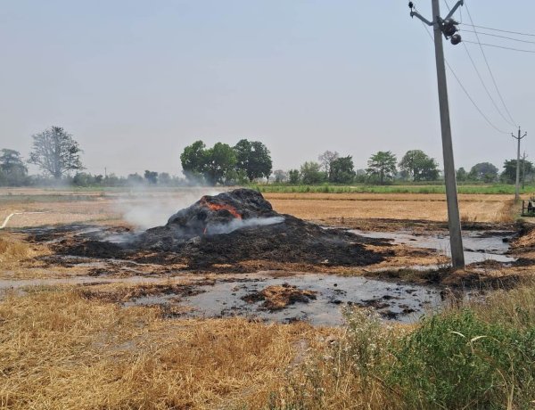 ट्रांसफार्मर से निकली चिंगारी से खेत में लगी आग, 6 बीघा पुआल जलकर राख