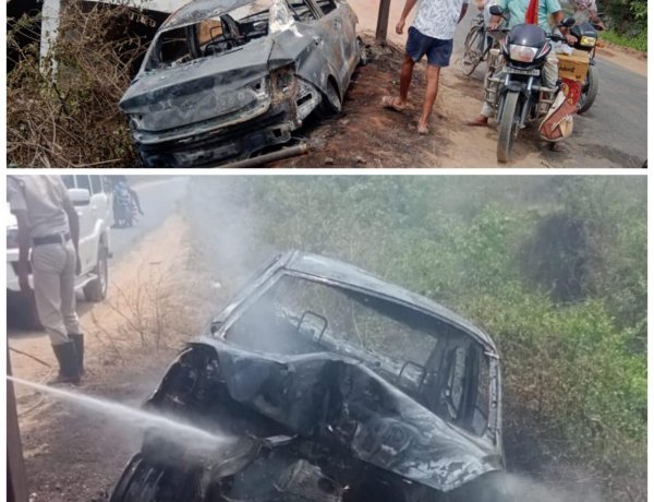 डुमरांव में बड़ा हादसा टला: बिजली पोल से टकराने के बाद कार में लगी आग, सभी सवार सुरक्षित