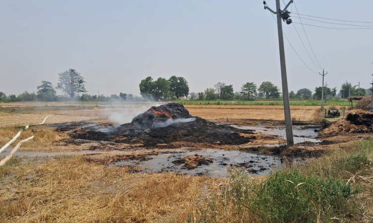 ट्रांसफार्मर से निकली चिंगारी से खेत में लगी आग, 6 बीघा पुआल जलकर राख