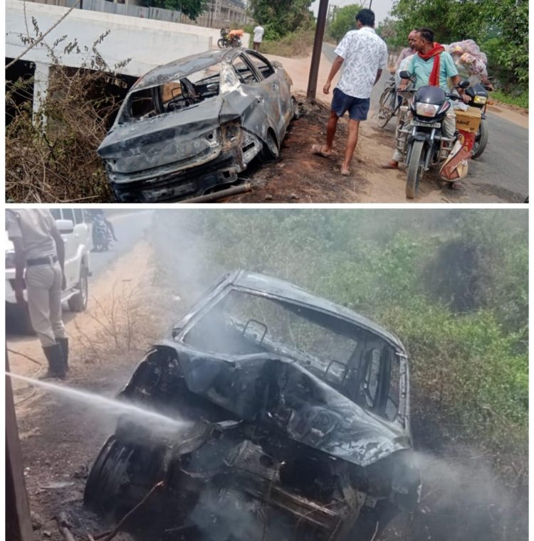 डुमरांव में बड़ा हादसा टला: बिजली पोल से टकराने के बाद कार में लगी आग, सभी सवार सुरक्षित