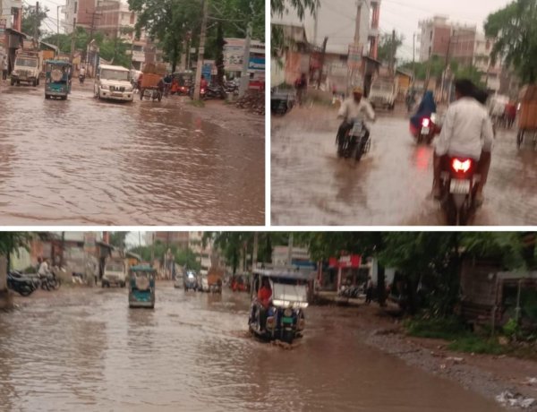 प्री-मानसून की पहली बारिश में बह गई मरम्मत की चमक, झील बनी डुमरांव की स्टेशन रोड