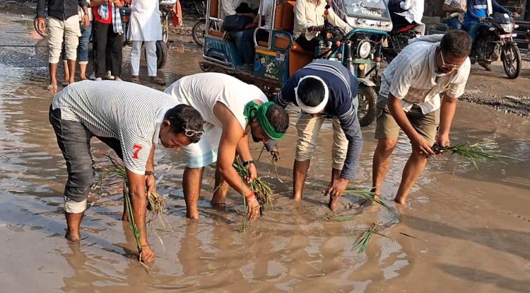 स्टेशन रोड की बदहाली पर फूटा जनाक्रोश, धान रोपकर किया अनोखा विरोध प्रदर्शन