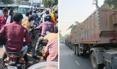 नाले के पानी ने उजाड़ी सड़क, तीन किमी तक रेंगते रहे वाहन